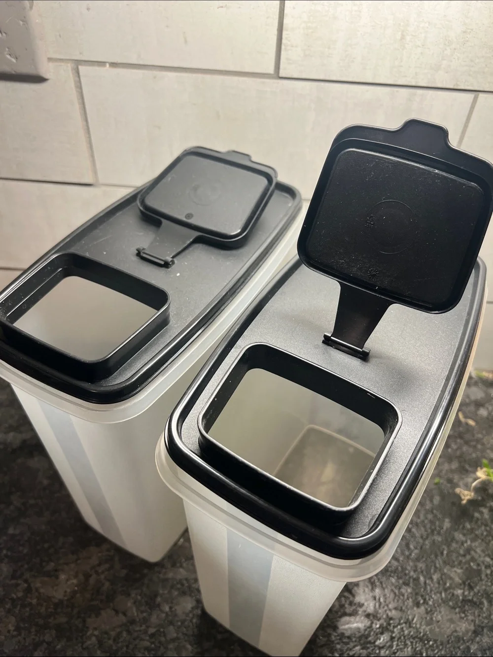 Set of 2 Tupperware Super Cereal Containers with pour spouts. Black lids.